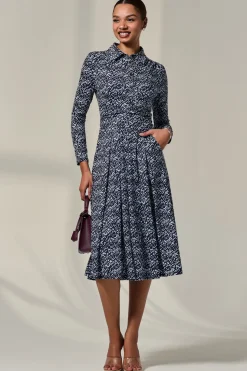 Long Sleeve Button Up Midi Dress, Navy Pattern