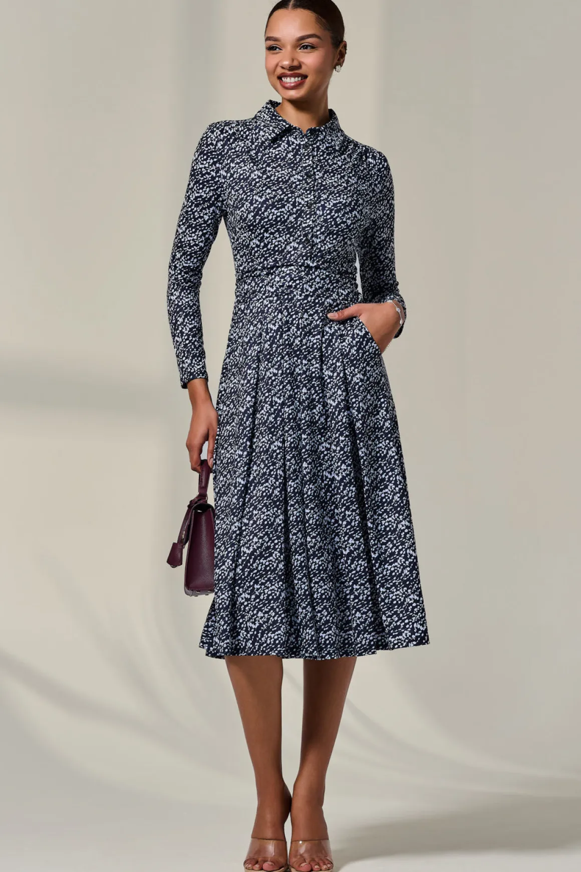 Long Sleeve Button Up Midi Dress, Navy Pattern
