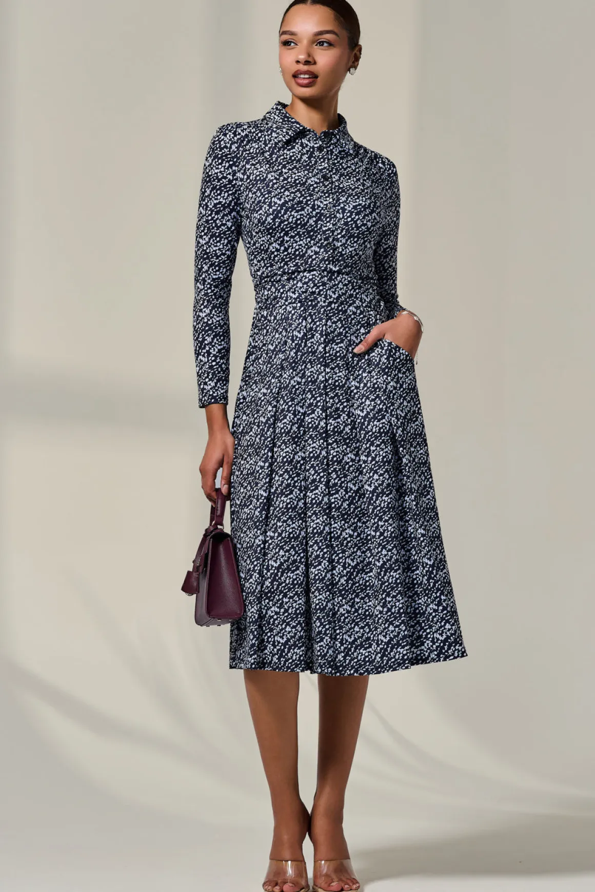 Long Sleeve Button Up Midi Dress, Navy Pattern