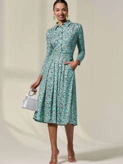 Long Sleeve Button Up Midi Dress, Teal Pattern