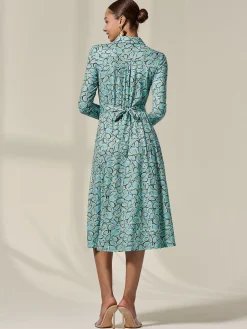 Long Sleeve Button Up Midi Dress, Teal Pattern