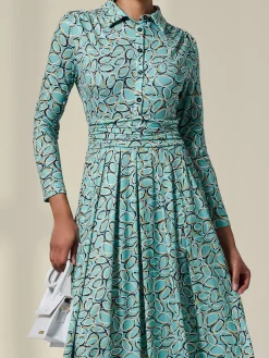 Long Sleeve Button Up Midi Dress, Teal Pattern