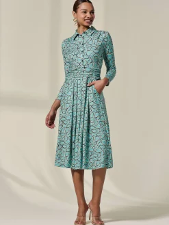 Long Sleeve Button Up Midi Dress, Teal Pattern