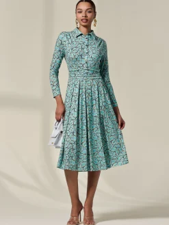 Long Sleeve Button Up Midi Dress, Teal Pattern