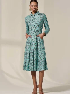 Long Sleeve Button Up Midi Dress, Teal Pattern