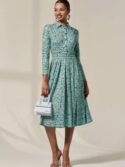 Long Sleeve Button Up Midi Dress, Teal Pattern