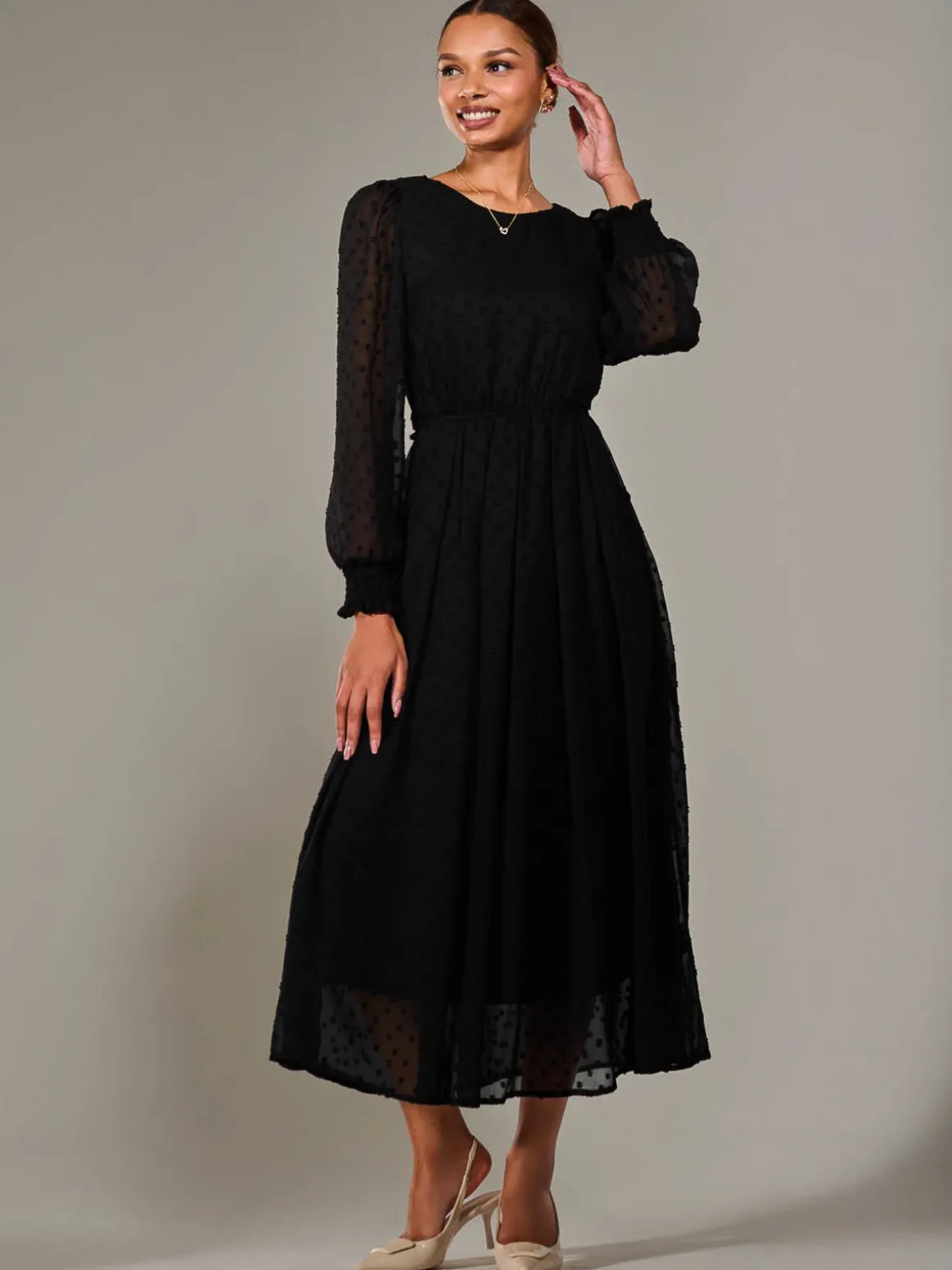 Long Sleeve Chiffon Midaxi Dress, Black
