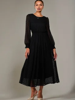 Long Sleeve Chiffon Midaxi Dress, Black