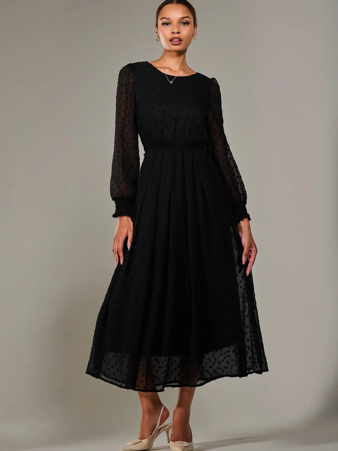 Long Sleeve Chiffon Midaxi Dress, Black