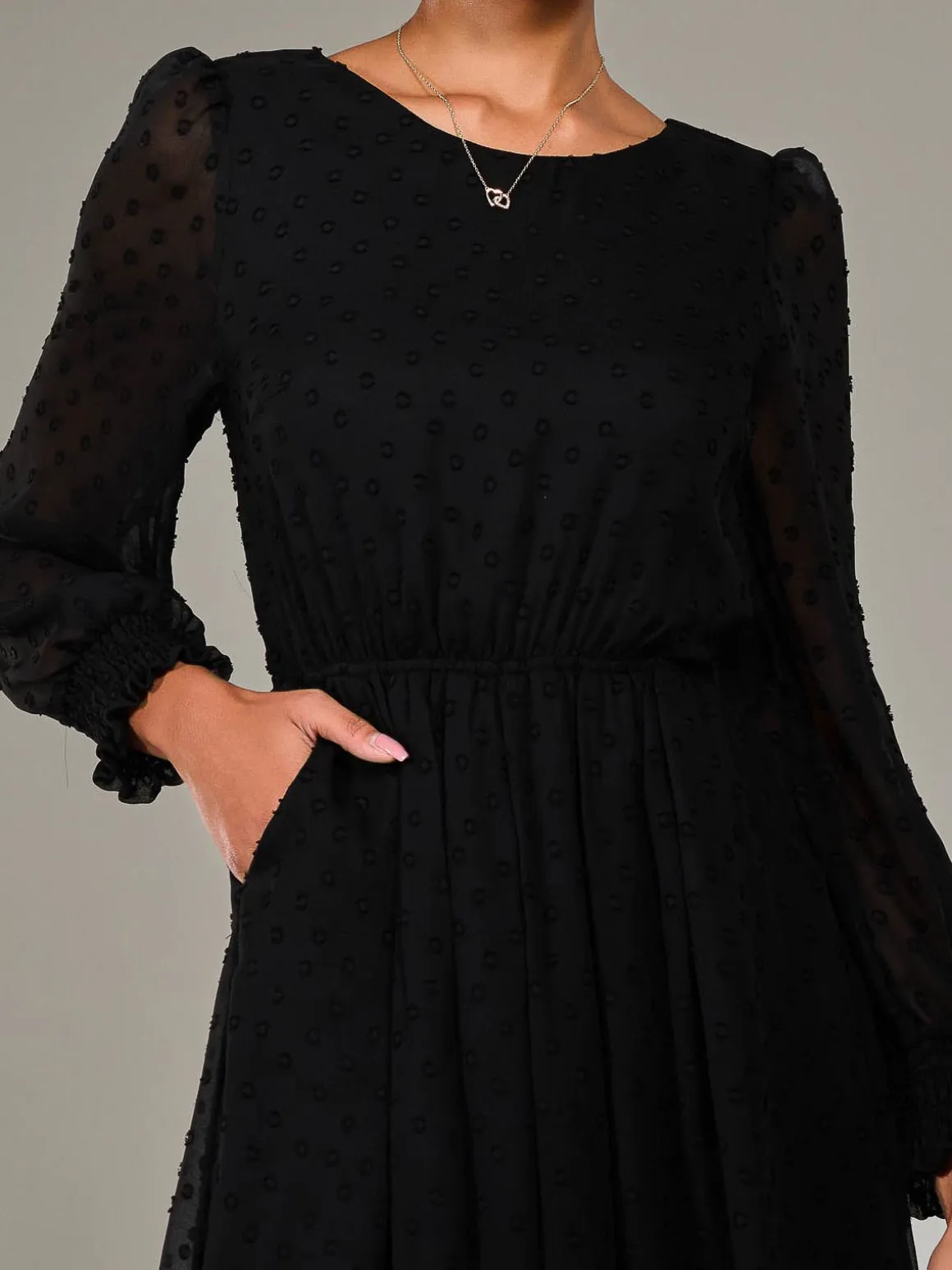 Long Sleeve Chiffon Midaxi Dress, Black