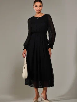 Long Sleeve Chiffon Midaxi Dress, Black