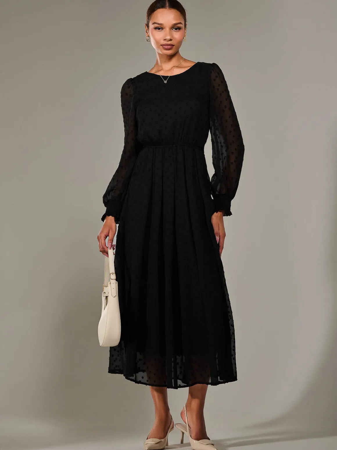 Long Sleeve Chiffon Midaxi Dress, Black