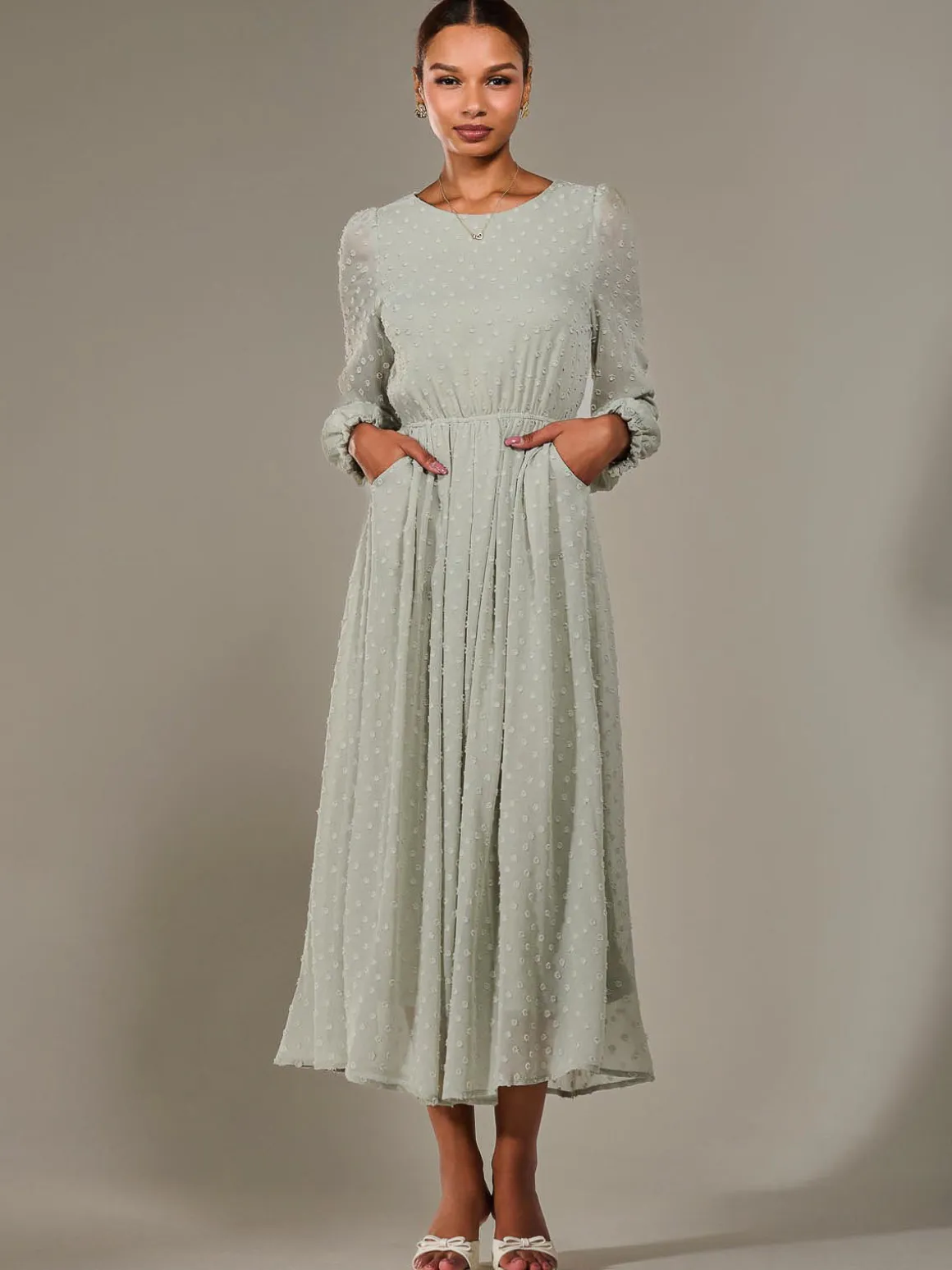 Long Sleeve Chiffon Midaxi Dress, Light Green