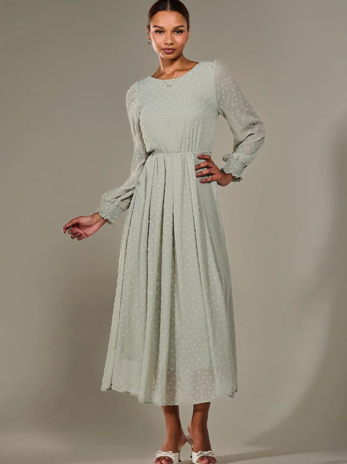 Long Sleeve Chiffon Midaxi Dress, Light Green