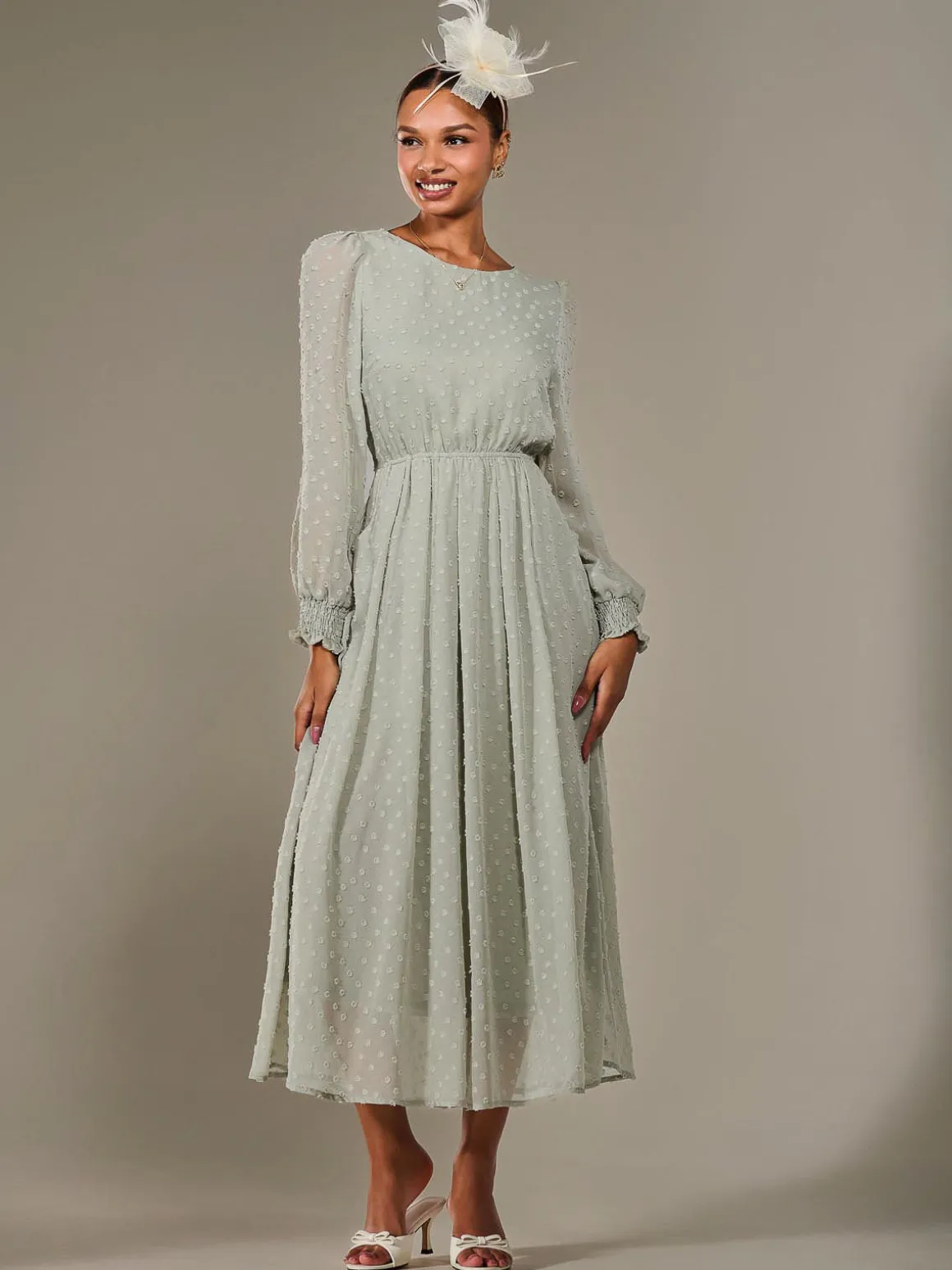 Long Sleeve Chiffon Midaxi Dress, Light Green