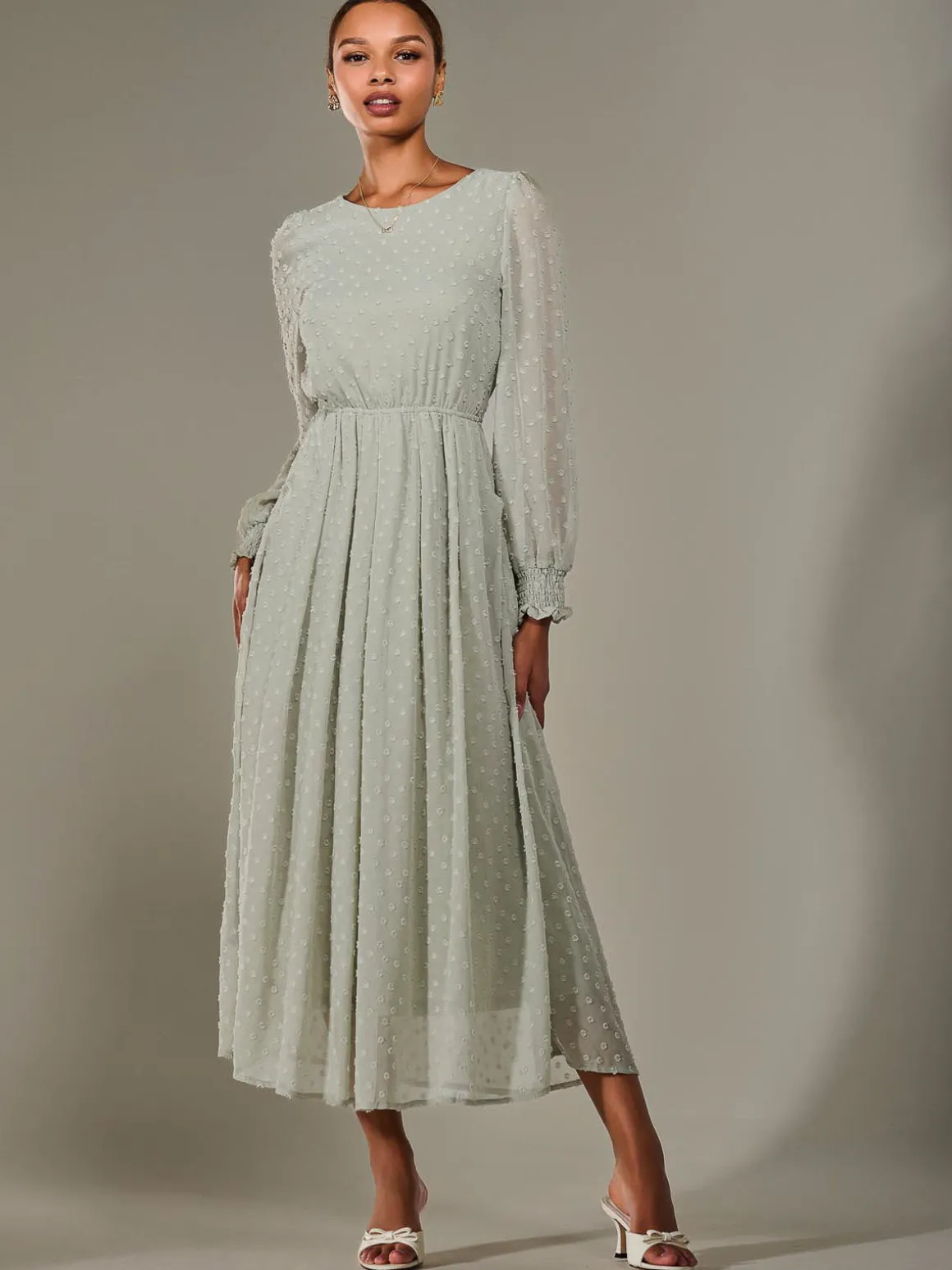 Long Sleeve Chiffon Midaxi Dress, Light Green