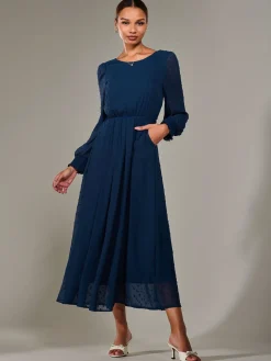 Long Sleeve Chiffon Midaxi Dress, Navy