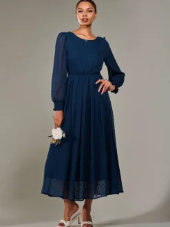 Long Sleeve Chiffon Midaxi Dress, Navy
