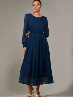 Long Sleeve Chiffon Midaxi Dress, Navy