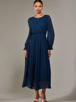 Long Sleeve Chiffon Midaxi Dress, Navy