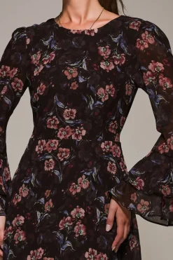 Long Sleeve Chiffon Print Frill Midaxi Dress, Burgundy Floral