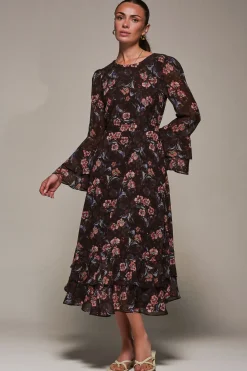 Long Sleeve Chiffon Print Frill Midaxi Dress, Burgundy Floral