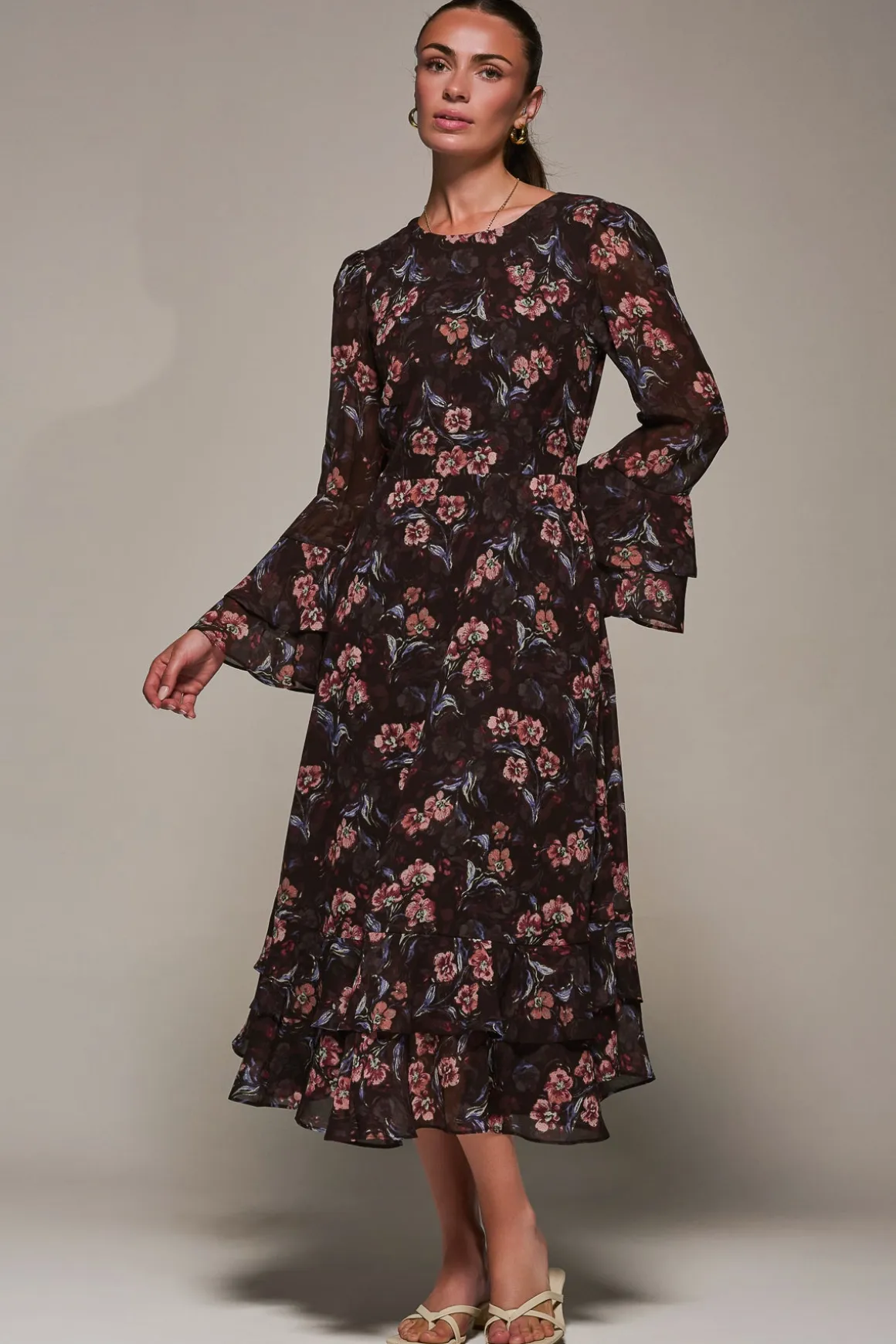 Long Sleeve Chiffon Print Frill Midaxi Dress, Burgundy Floral
