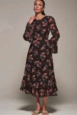 Long Sleeve Chiffon Print Frill Midaxi Dress, Burgundy Floral