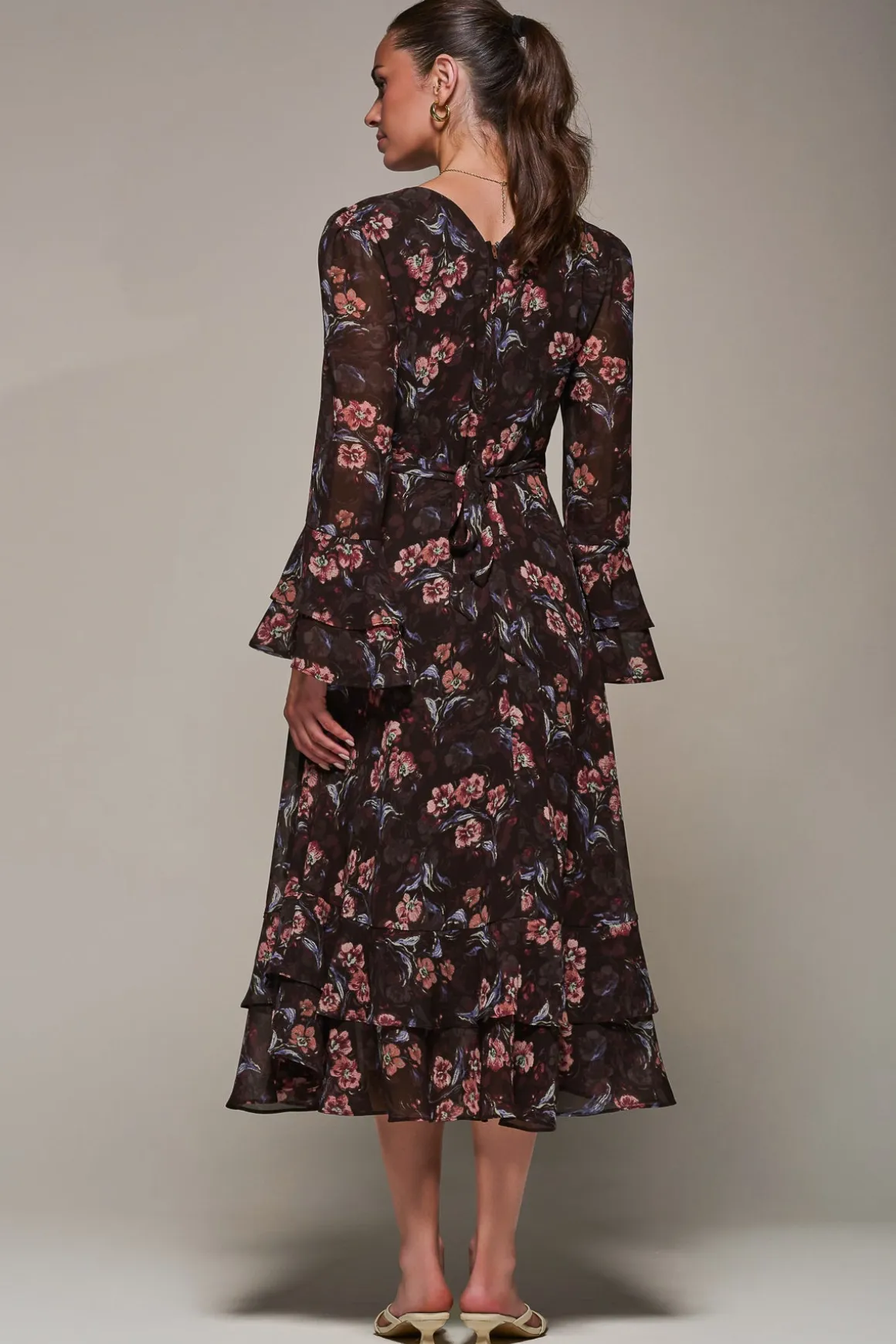 Long Sleeve Chiffon Print Frill Midaxi Dress, Burgundy Floral