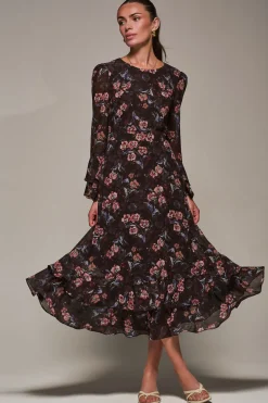 Long Sleeve Chiffon Print Frill Midaxi Dress, Burgundy Floral