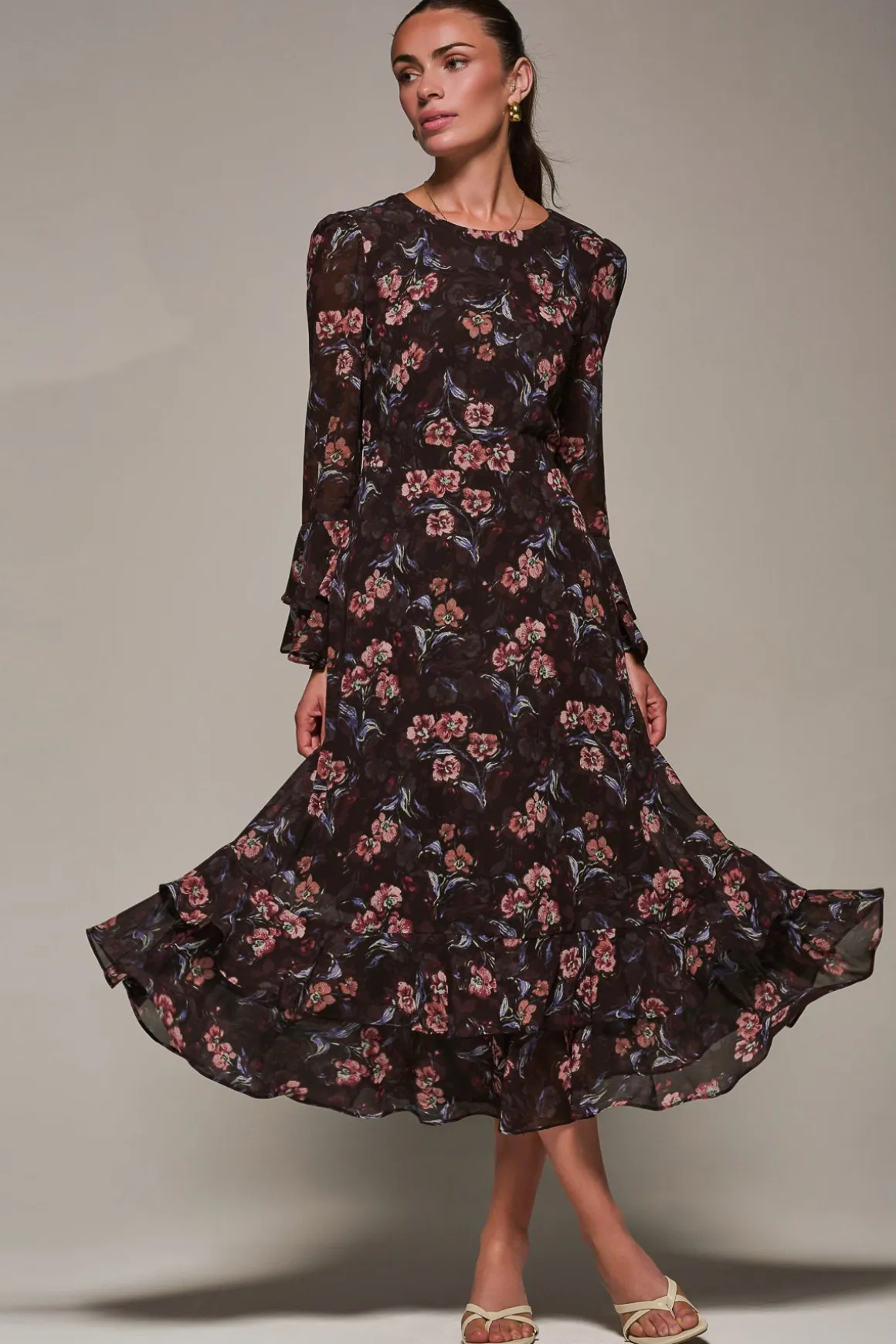 Long Sleeve Chiffon Print Frill Midaxi Dress, Burgundy Floral