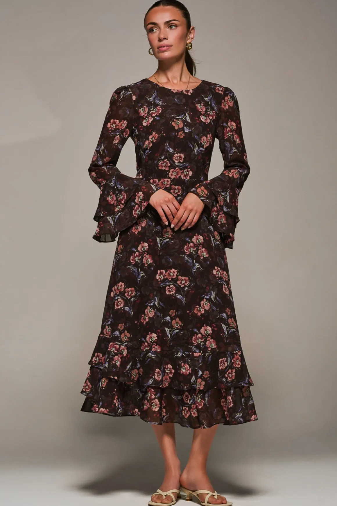 Long Sleeve Chiffon Print Frill Midaxi Dress, Burgundy Floral