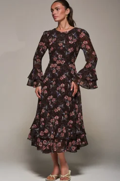 Long Sleeve Chiffon Print Frill Midaxi Dress, Burgundy Floral