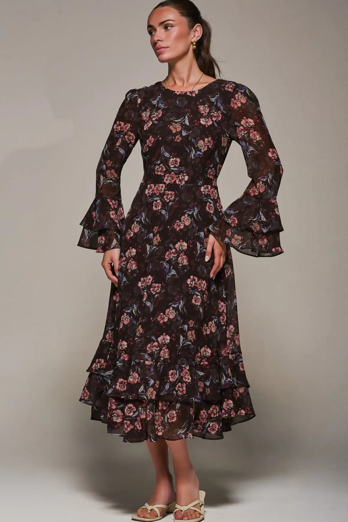 Long Sleeve Chiffon Print Frill Midaxi Dress, Burgundy Floral