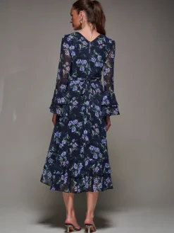 Long Sleeve Chiffon Print Frill Midaxi Dress, Navy Floral