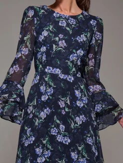 Long Sleeve Chiffon Print Frill Midaxi Dress, Navy Floral