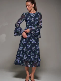 Long Sleeve Chiffon Print Frill Midaxi Dress, Navy Floral