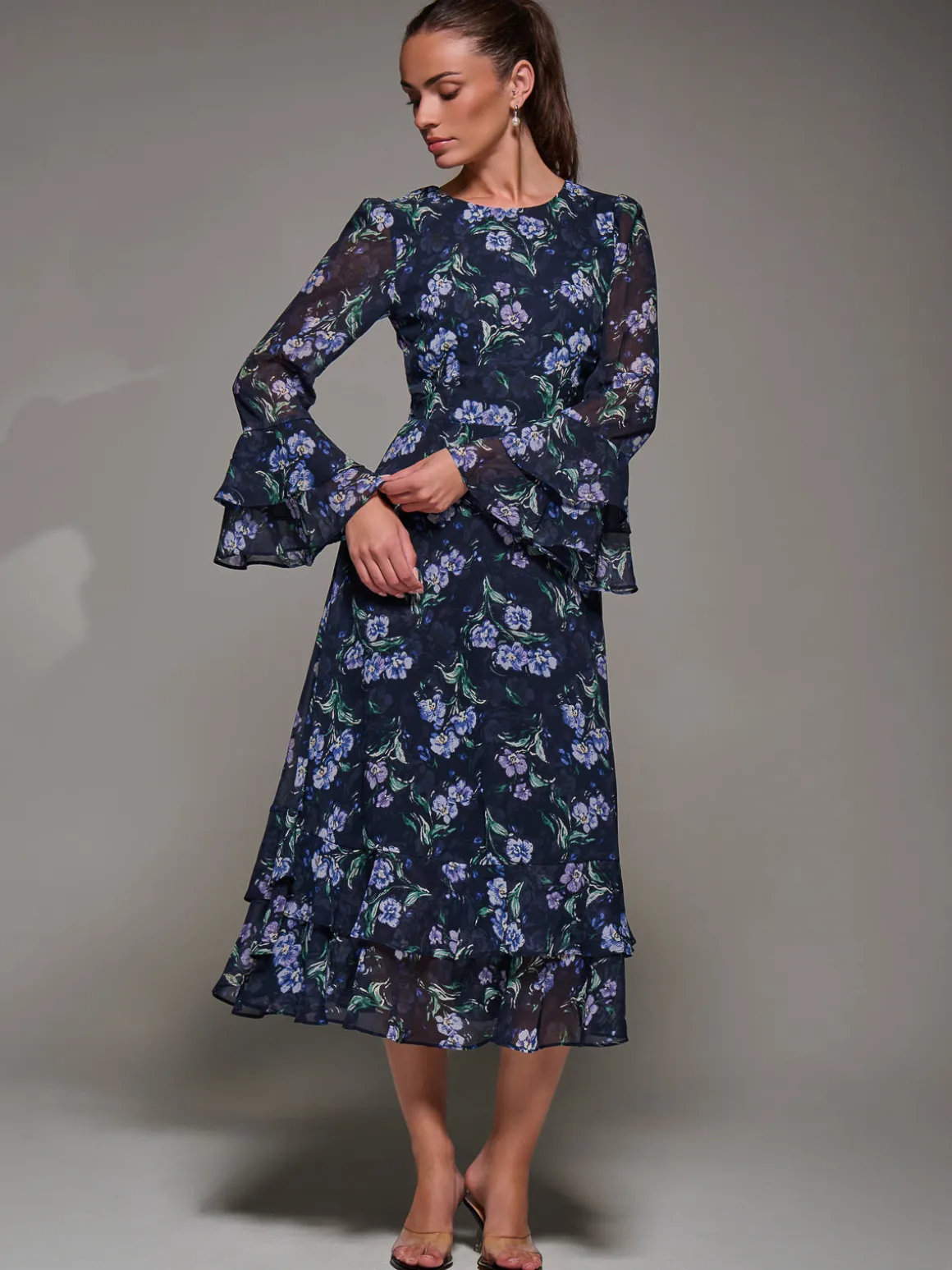 Long Sleeve Chiffon Print Frill Midaxi Dress, Navy Floral