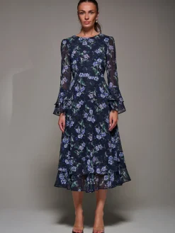 Long Sleeve Chiffon Print Frill Midaxi Dress, Navy Floral
