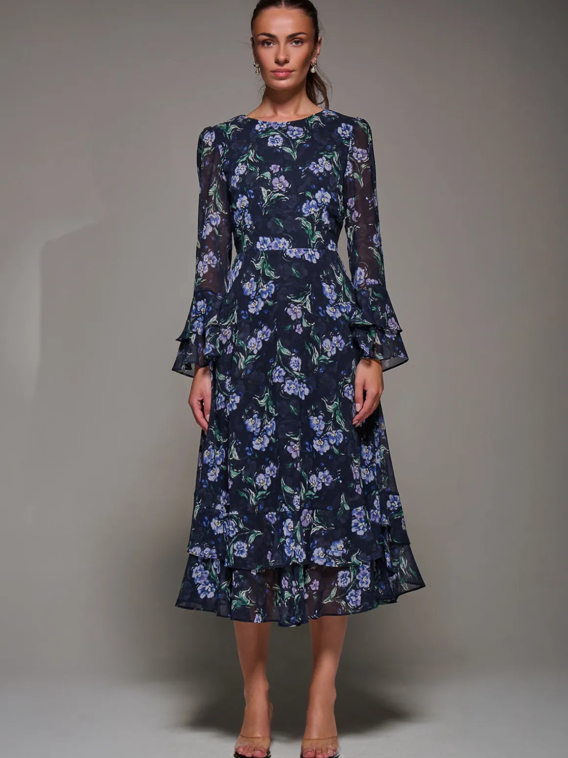 Long Sleeve Chiffon Print Frill Midaxi Dress, Navy Floral
