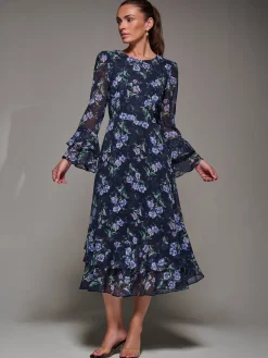 Long Sleeve Chiffon Print Frill Midaxi Dress, Navy Floral