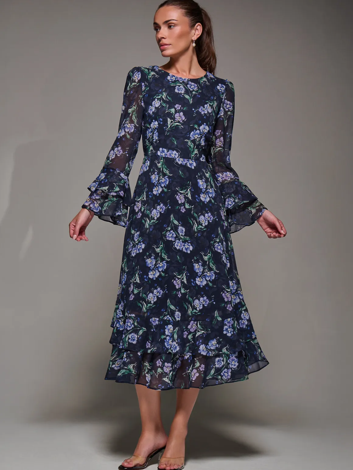Long Sleeve Chiffon Print Frill Midaxi Dress, Navy Floral