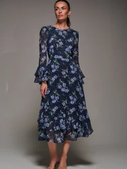 Long Sleeve Chiffon Print Frill Midaxi Dress, Navy Floral