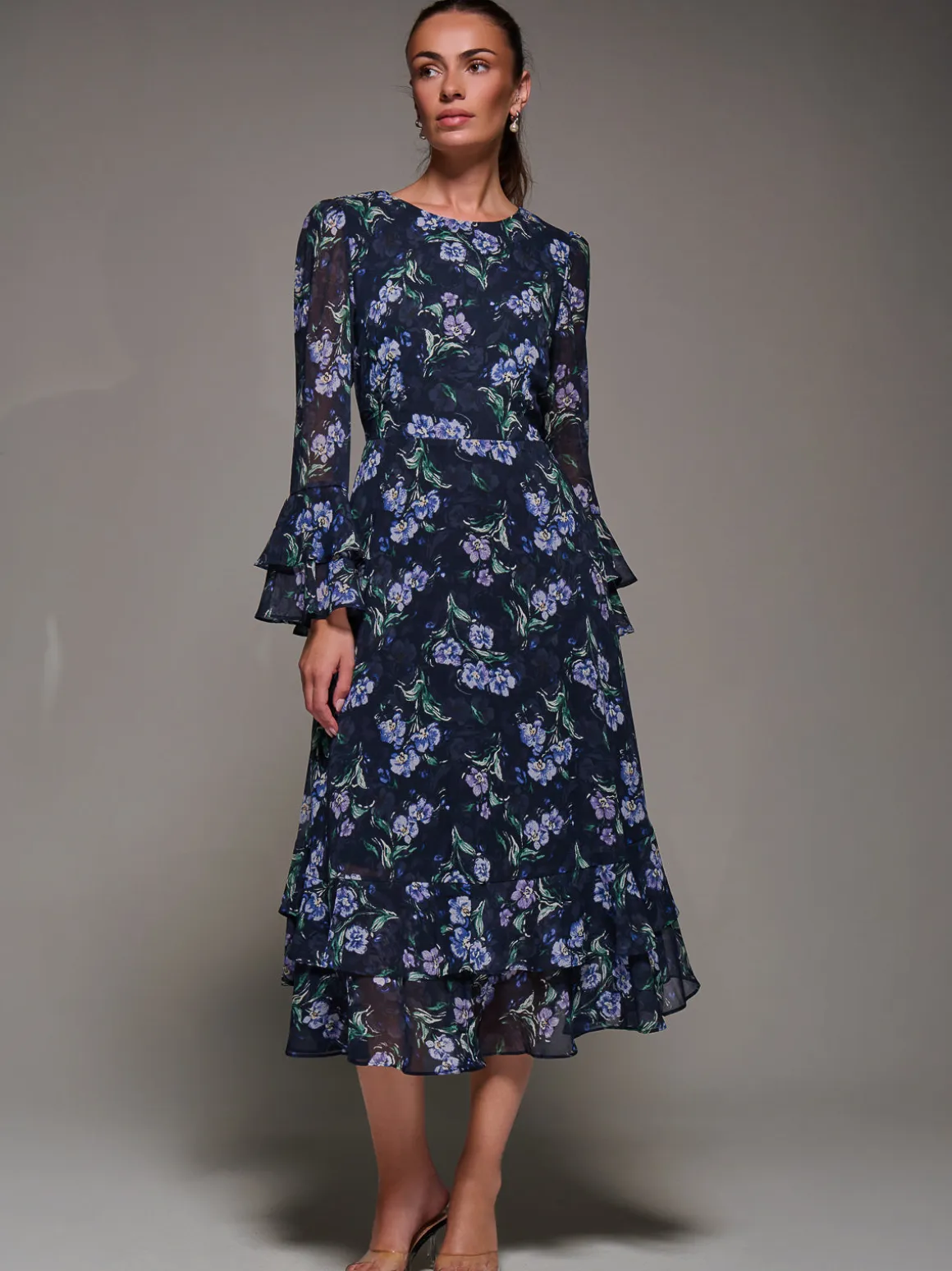 Long Sleeve Chiffon Print Frill Midaxi Dress, Navy Floral