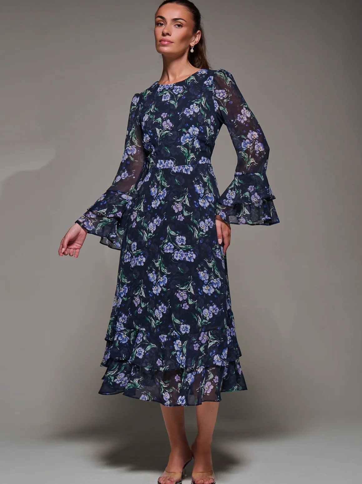 Long Sleeve Chiffon Print Frill Midaxi Dress, Navy Floral
