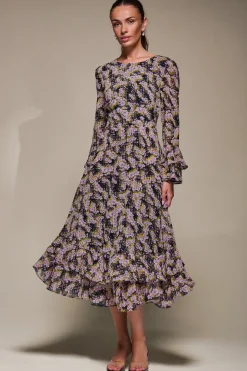 Long Sleeve Chiffon Print Frill Midaxi Dress, Purple Multi