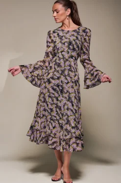 Long Sleeve Chiffon Print Frill Midaxi Dress, Purple Multi