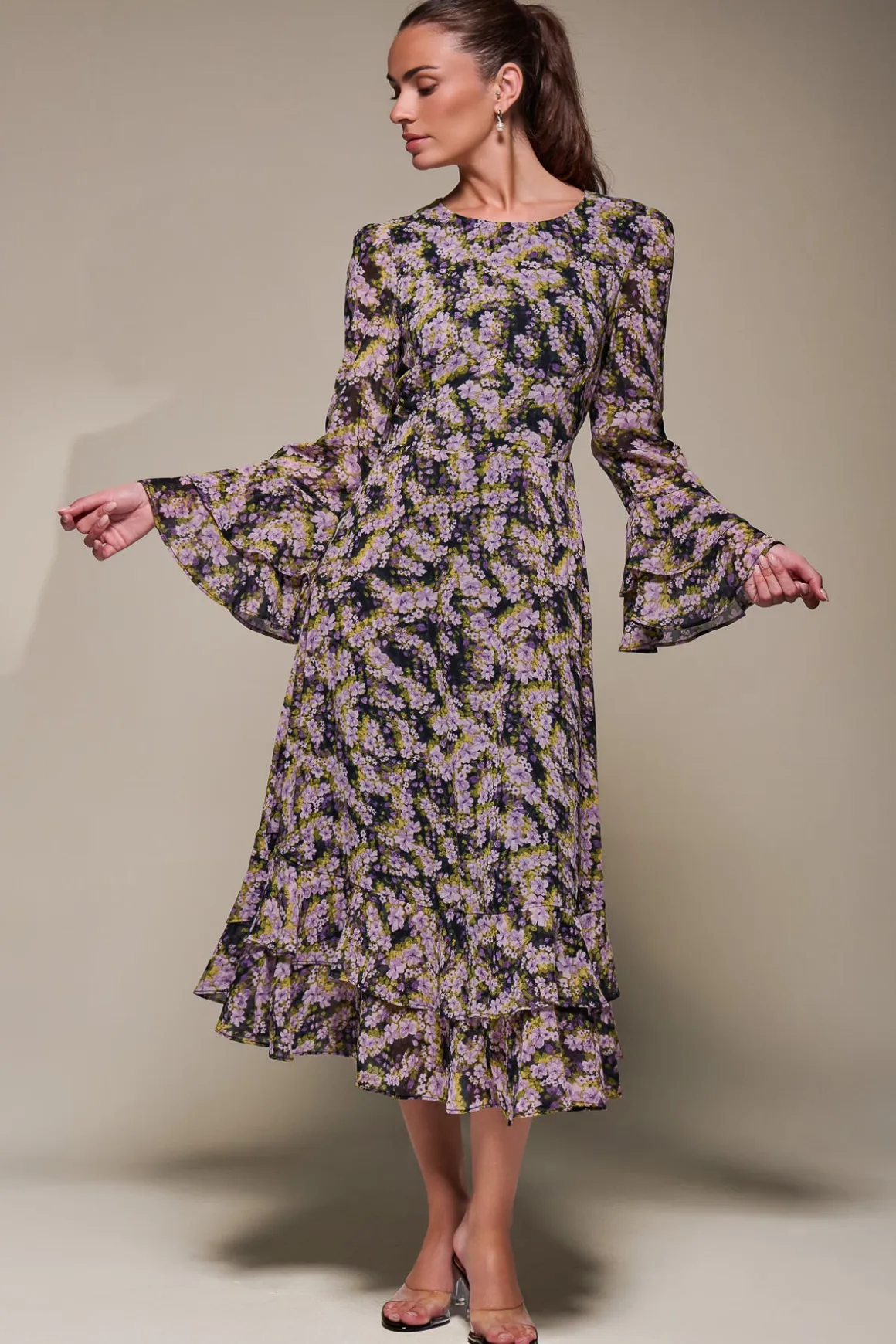 Long Sleeve Chiffon Print Frill Midaxi Dress, Purple Multi