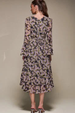 Long Sleeve Chiffon Print Frill Midaxi Dress, Purple Multi