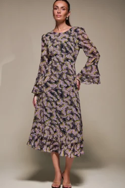Long Sleeve Chiffon Print Frill Midaxi Dress, Purple Multi